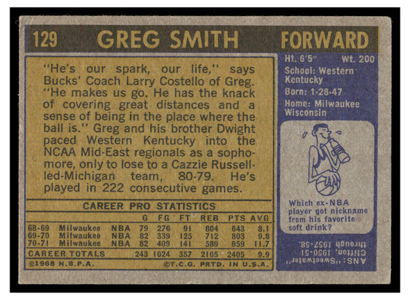 1971 Topps Basketball Greg Smith #129 Low Grade back of card