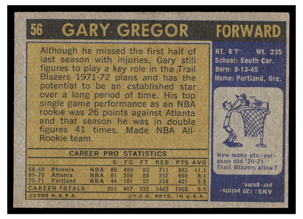 1971 Topps Basketball Gary Gregor #56 Low Grade back of card