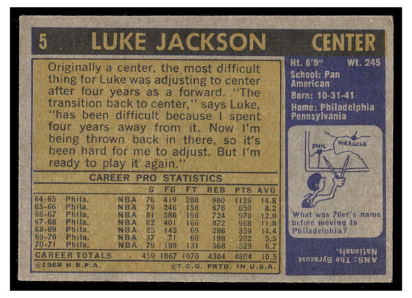 1971 Topps Basketball Luke Jackson #5 Low Grade back of card