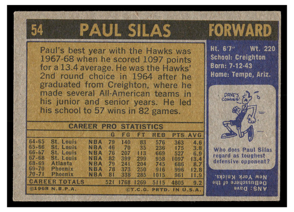 1971 Topps Basketball Paul Silas #54 Low Grade — Example B back of card