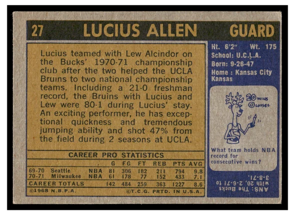 1971 Topps Basketball Lucius Allen #27 Low Grade back of card