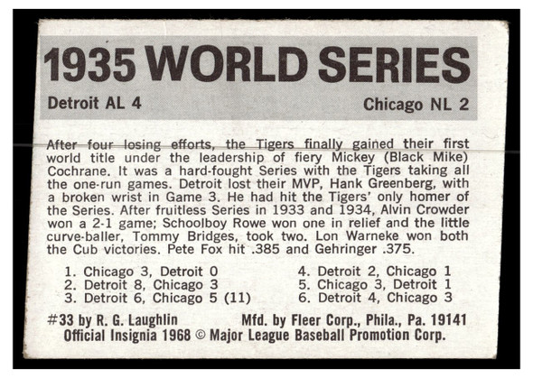 1971 1971 Fleer Laughlin World Series Black Backs 1935 World Series #33 Low Grade back of card