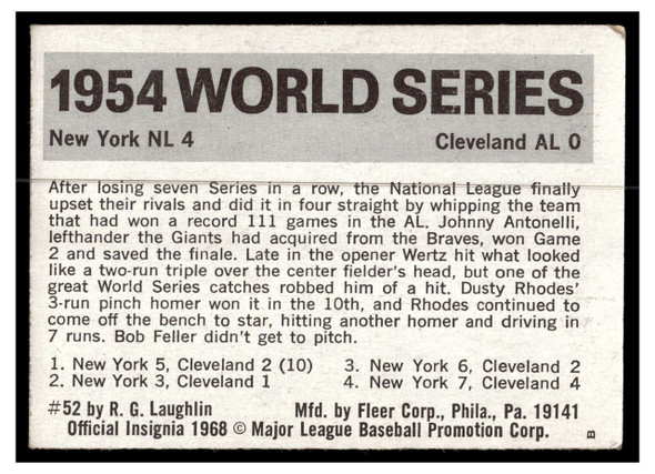 1971 1971 Fleer Laughlin World Series Black Backs 1954 World Series #52 Low Grade back of card