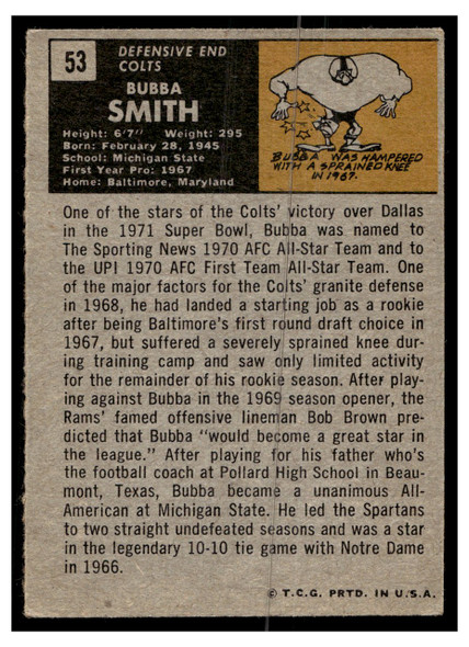 1971 Topps Football Bubba Smith #53 Low Grade back of card