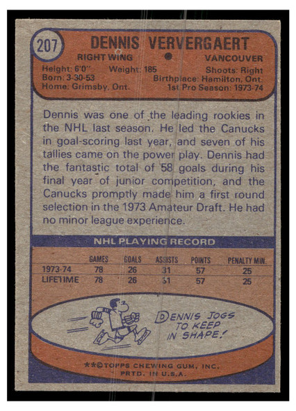 1974 Topps Hockey Dennis Ververgaert #207 Low Grade back of card