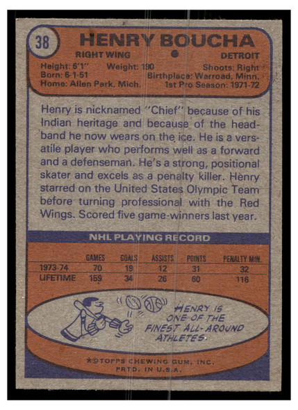 1974 Topps Hockey Henry Boucha #38 Low Grade back of card