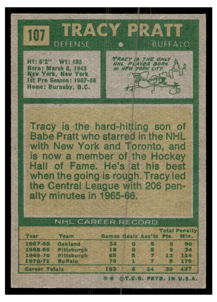1971 Topps Hockey Tracy Pratt #107 Low Grade - Creases back of card