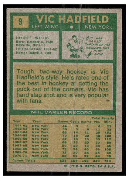 1971 Topps Hockey Vic Hadfield #9 Low Grade back of card