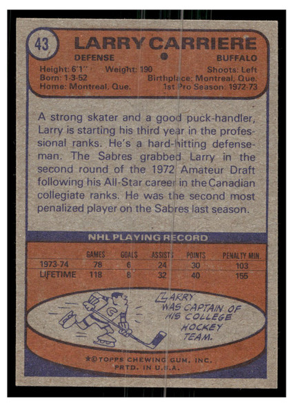 1974 Topps Hockey Larry Carriere #43 Low Grade back of card