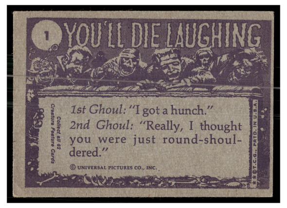 1973 1973 Topps Creature Feature (You'll Die Laughing) Would somebody tell me a scary story? #1 Low Grade back of card