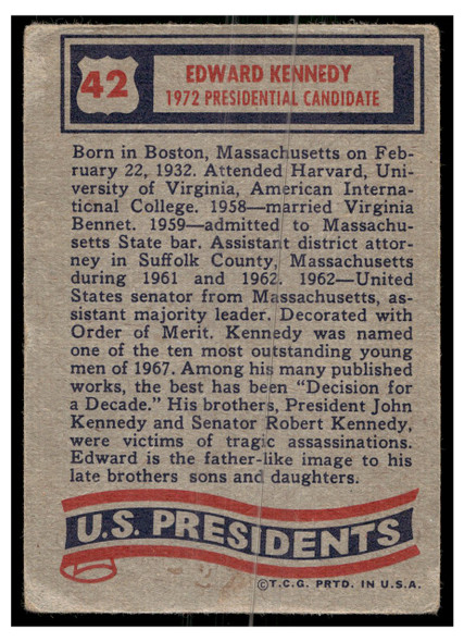 1972 1972 Topps U.S. Presidents Edward Kennedy #42 Low Grade back of card