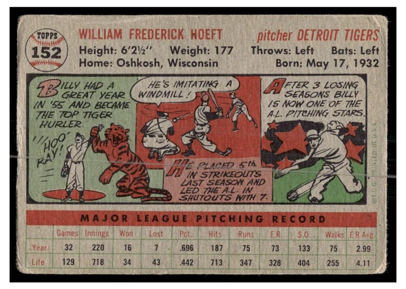 1956 1956 Topps Baseball Billy Hoeft #152 Gray Back Low Grade - Creases back of card