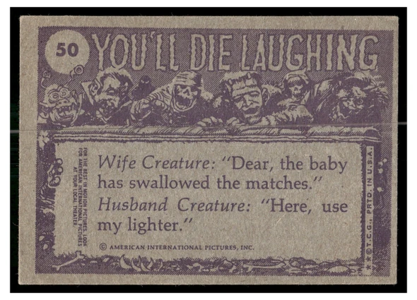 1973 1973 Topps Creature Feature (You'll Die Laughing) MY SINUSES HAVE BEEN ACTING UP AGAIN! #50 Creature Feature Cards Series 1 Low Grade - Creases back of card