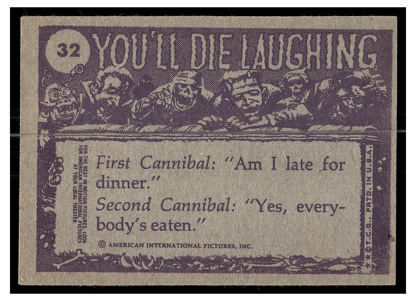 1973 Topps Creature Feature (You'll Die Laughing) I Guess It's Time to Give Up Those Reducing Pills! #32 Low Grade back of card