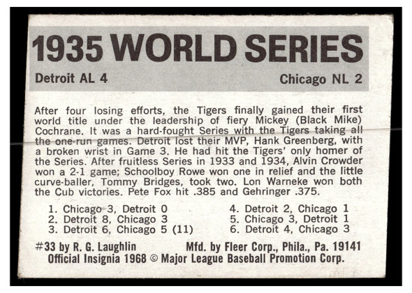 1971 Fleer World Series (Black Back) 1935 World Series #33 Low Grade back of card