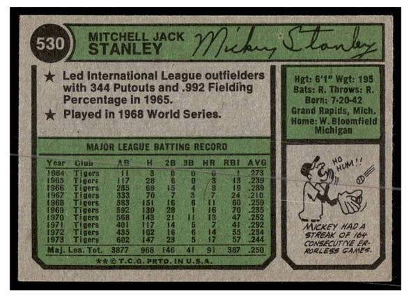 1974 Topps Mickey Stanley #530 Low Grade back of card