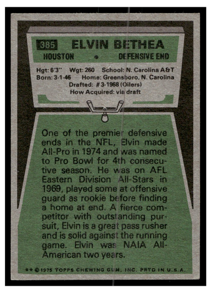 1975 Topps Elvin Bethea #385 Low Grade back of card