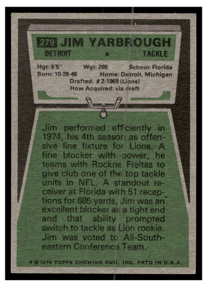1975 Topps Football Jim Yarbrough #279 Low Grade — Example A back of card