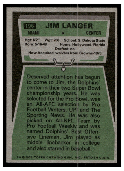 1975 Topps Football Jim Langer #196 Low Grade back of card