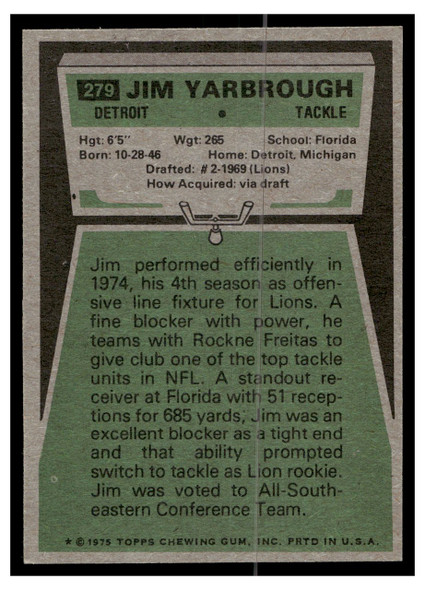 1975 Topps Football Jim Yarbrough #279 Low Grade — Example B back of card