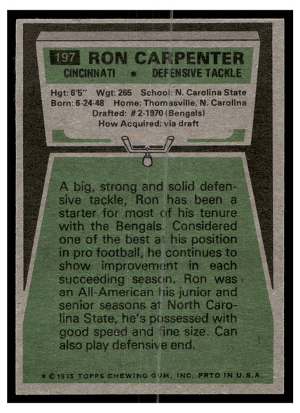 1975 Topps Football Ron Carpenter #197 Low Grade back of card