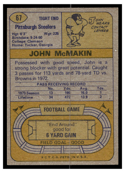1974 Topps Football John McMakin #67 Low Grade back of card