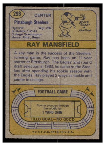 1974 Topps Football Ray Mansfield #298 Low Grade back of card