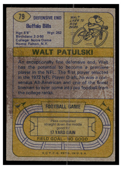 1974 Topps Football Walt Patulski #79 Low Grade back of card