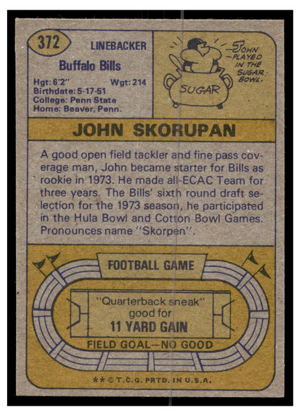 1974 Topps Football John Skorupan #372 Low Grade back of card