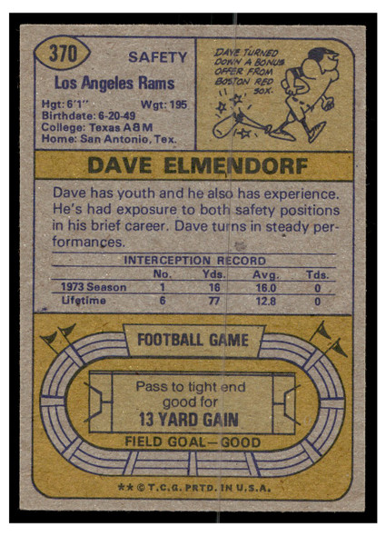 1974 Topps Football Dave Elmendorf #370 Low Grade — Example A back of card
