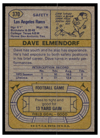 1974 Topps Football Dave Elmendorf #370 Low Grade — Example B back of card