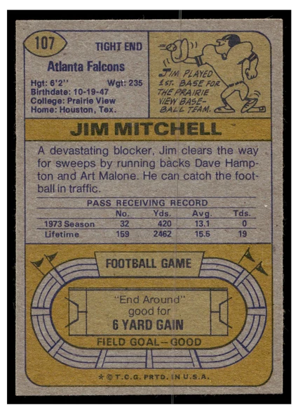 1974 Topps Football Jim Mitchell #107 Low Grade back of card