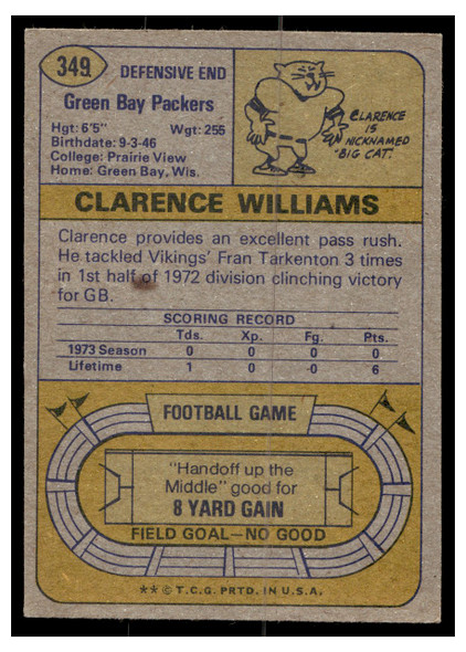 1974 Topps Football Clarence Williams #349 Low Grade back of card