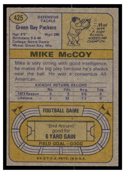 1974 Topps Football Mike McCoy #425 Low Grade back of card