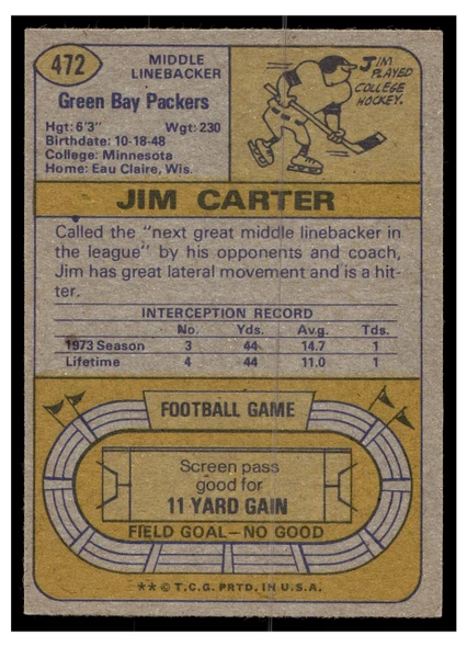 1974 Topps Football Jim Carter #472 Low Grade back of card