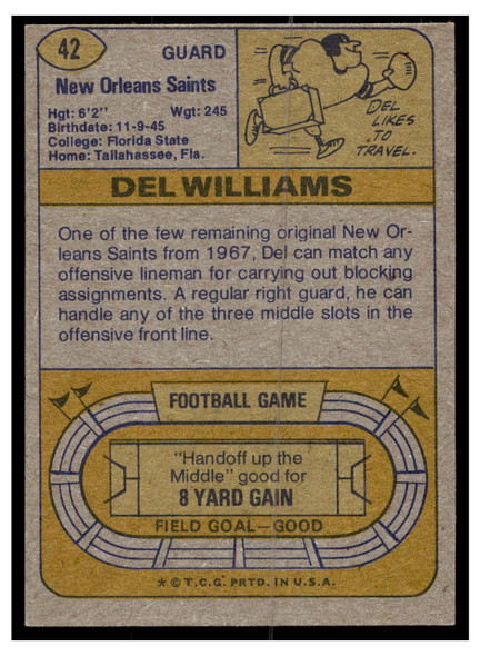 1974 Topps Football Del Williams #42 Low Grade — Example B back of card