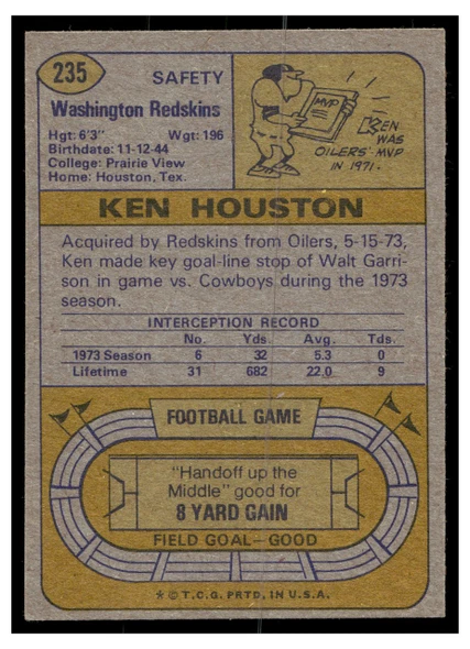 1974 Topps Football Ken Houston #235 Low Grade back of card