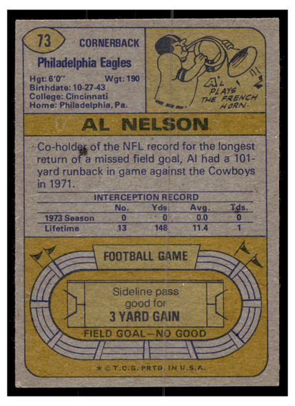 1974 Topps Football Al Nelson #73 Low Grade back of card