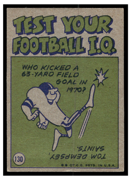 1972 Topps Football Bill Nelsen #130 Pro Action Low Grade — Example B back of card