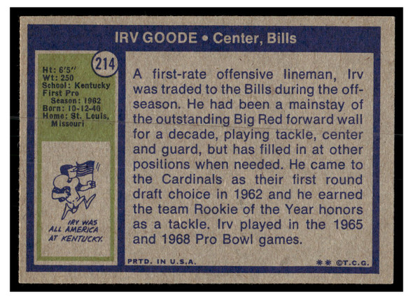 1972 Topps Football Irv Goode #214 Low Grade — Example B back of card