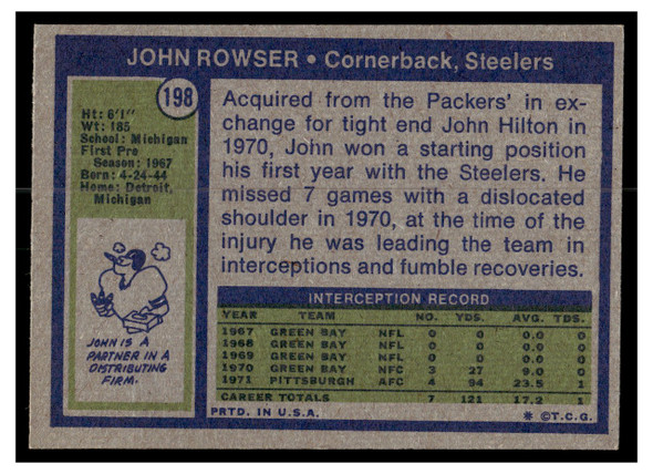 1972 Topps Football John Rowser #198 Low Grade back of card