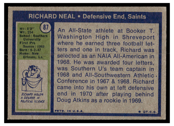 1972 Topps Richard Neal #87 Rookie Card Low Grade — Example B back of card
