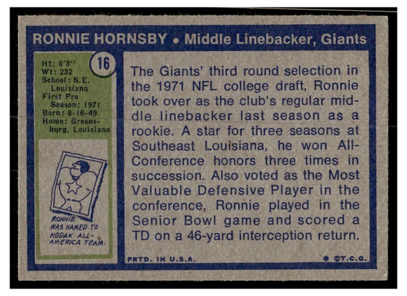 1972 Topps Ronnie Hornsby #16 Rookie Card Low Grade — Example A back of card