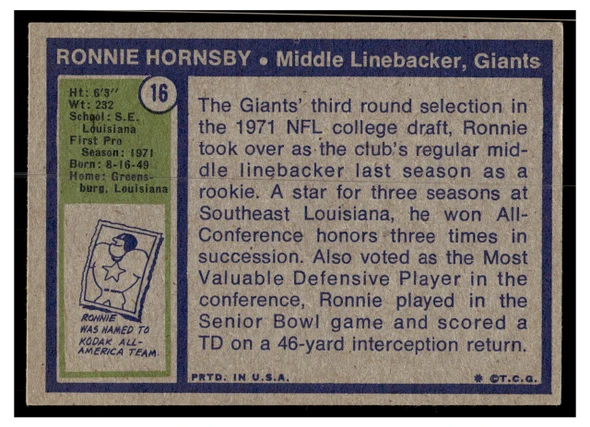 1972 Topps Ronnie Hornsby #16 Rookie Card Low Grade — Example B back of card