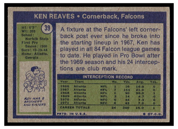 1972 Topps Ken Reaves #39 Low Grade — Example A back of card