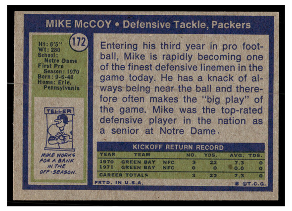 1972 Topps Mike McCoy #172 Low Grade back of card