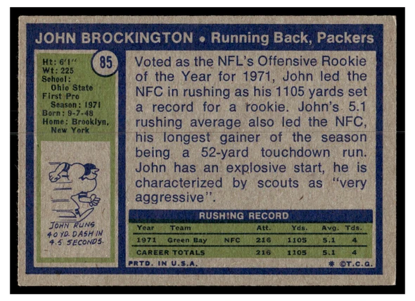 1972 Topps John Brockington #85 Rookie Card Low Grade — Example B back of card