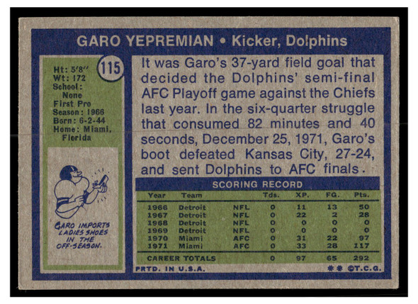 1972 Topps Garo Yepremian #115 Low Grade - Creases back of card