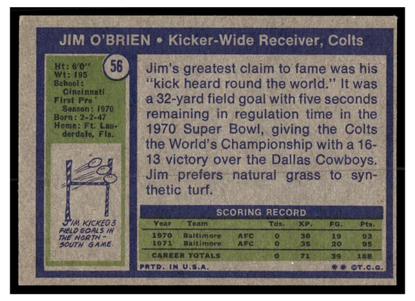 1972 Topps Jim O'Brien #56 Rookie Card Low Grade back of card