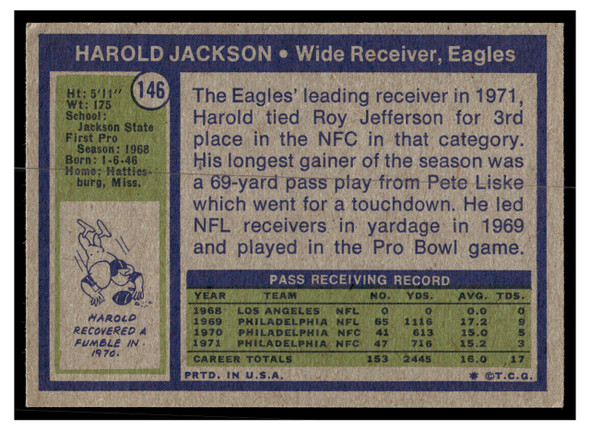 1972 Topps Harold Jackson #146 Low Grade back of card